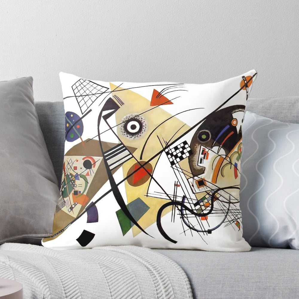 Vibrant abstract art pillow featuring Kandinsky's iconic Traverse Line painting from 1923