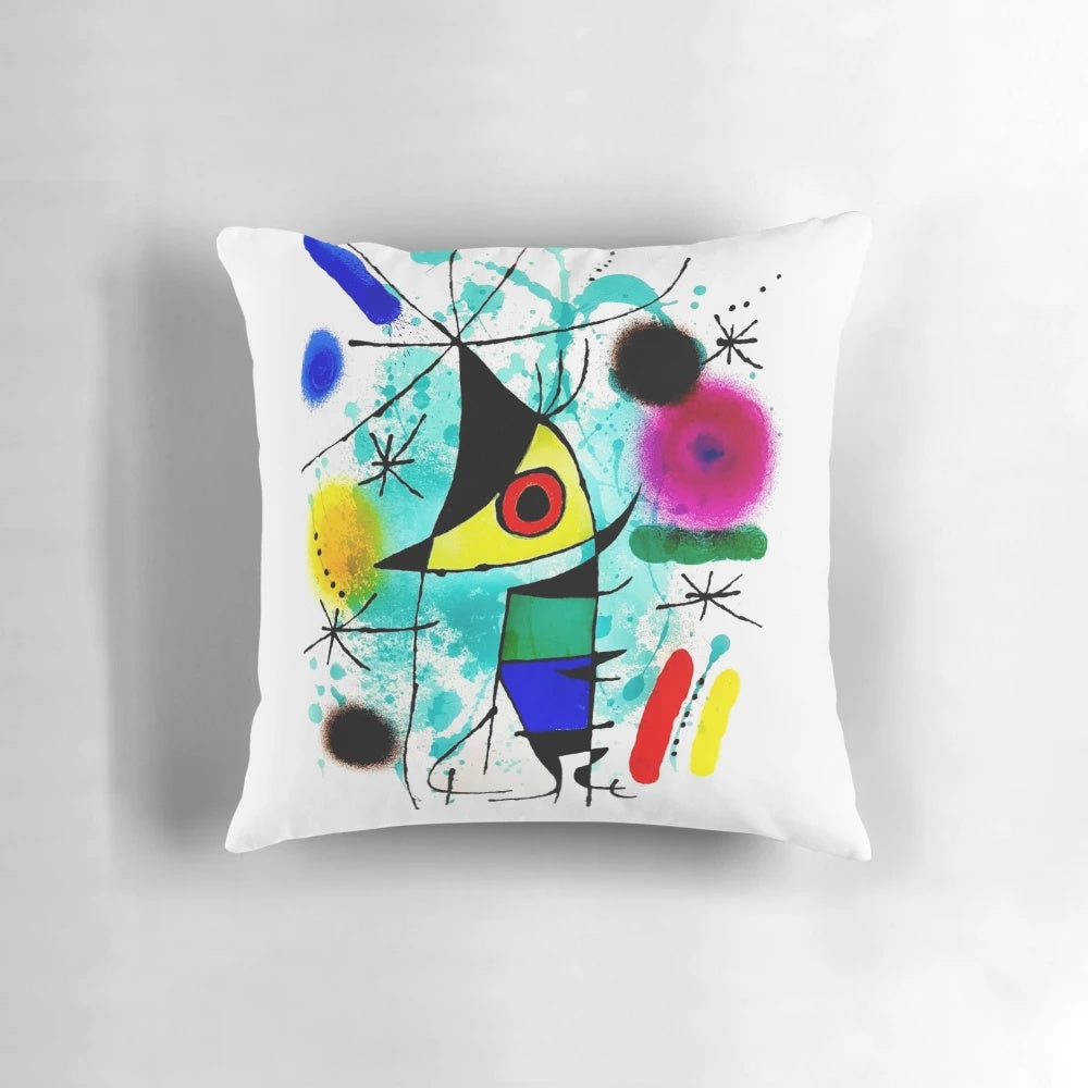 Vibrant abstract surrealist throw pillow featuring whimsical fish motif, inspired by the artwork of Joan Miró.