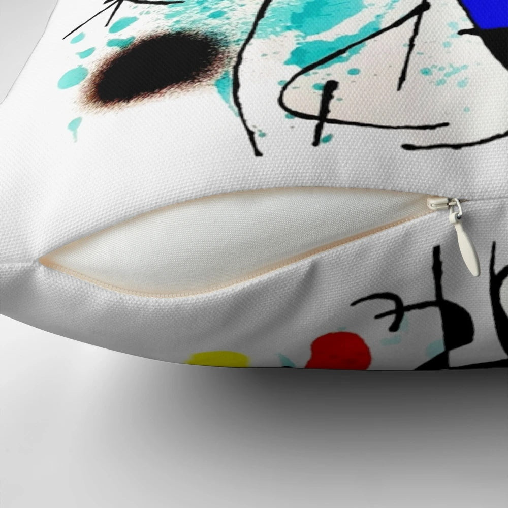 Vibrant abstract surrealist throw pillow featuring whimsical fish motif, inspired by the artwork of Joan Miró.