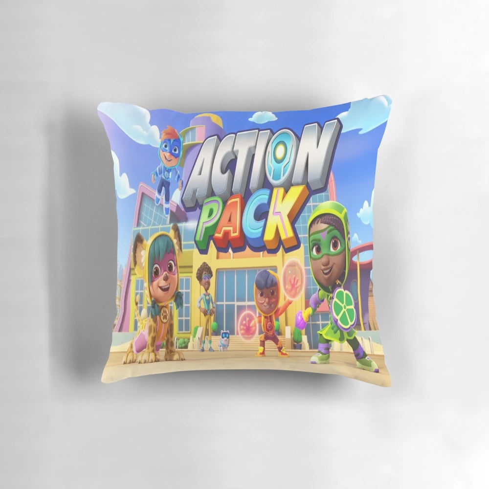 Vibrant action-themed pillow with bold colors and designs, ideal for fans of the popular cartoon series.