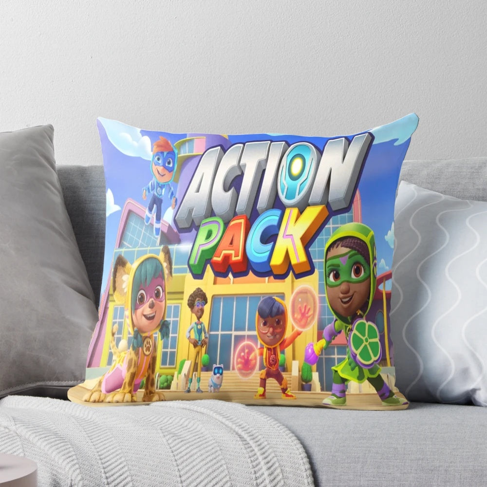 Vibrant action-themed pillow with bold colors and designs, ideal for fans of the popular cartoon series.