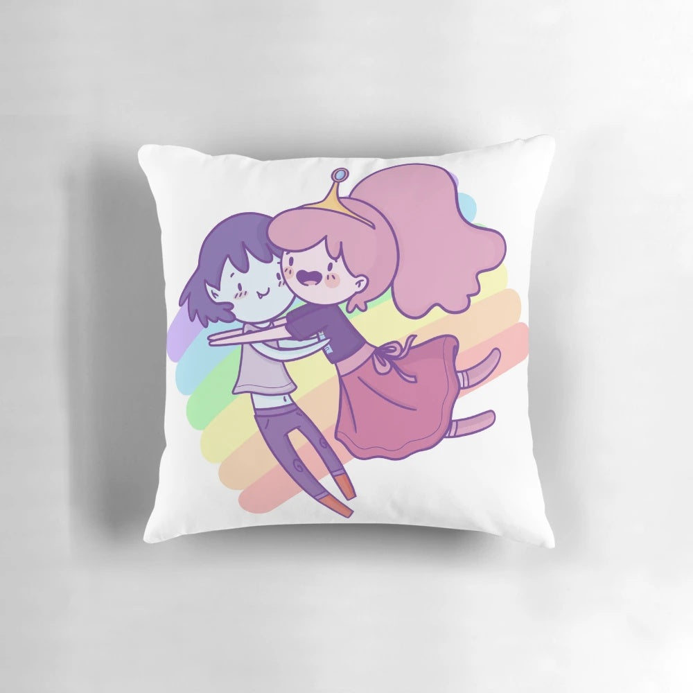 Vibrant and colorful Adventure Time-inspired pillow featuring Marceline and Princess Bubblegum in a rainbow design.