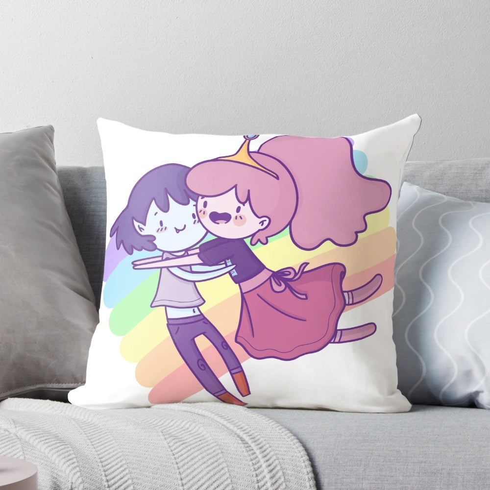 Vibrant and colorful Adventure Time-inspired pillow featuring Marceline and Princess Bubblegum in a rainbow design.
