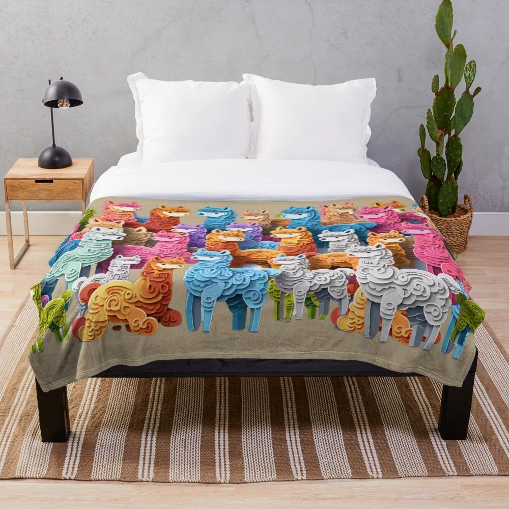 Colorful alpaca plush blanket with cute art design featuring Peruvian alpacas and mountains