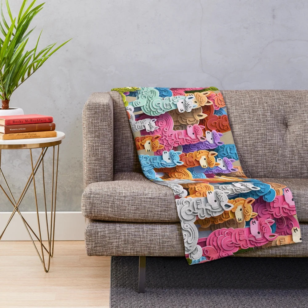 Colorful alpaca plush blanket with cute art design featuring Peruvian alpacas and mountains
