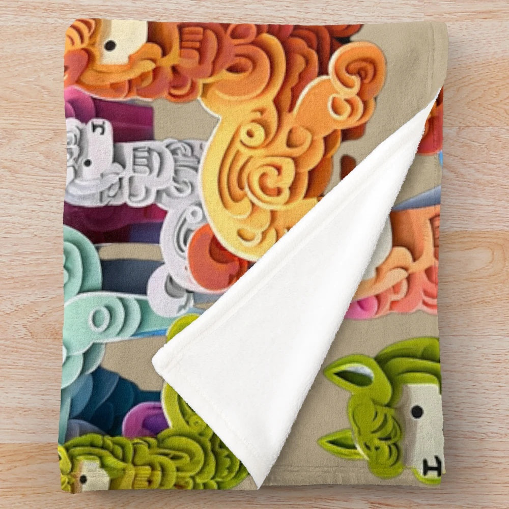 Colorful alpaca plush blanket with cute art design featuring Peruvian alpacas and mountains