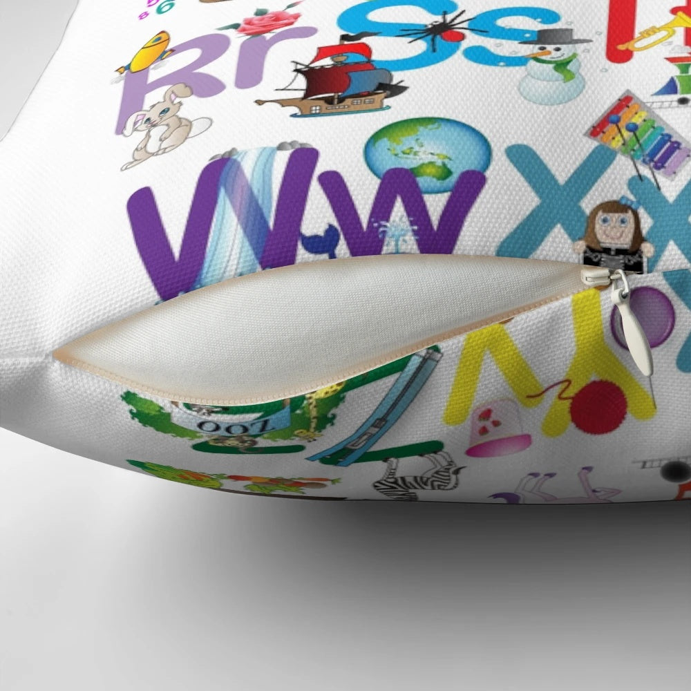 Colorful alphabet pillow with cartoon animals, perfect for kids' learning and decor