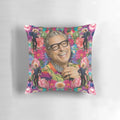 Vibrant and whimsical pillow featuring a collage of Jeff the dinosaur scientist, alien hunter, fly-man, and tier of knots.