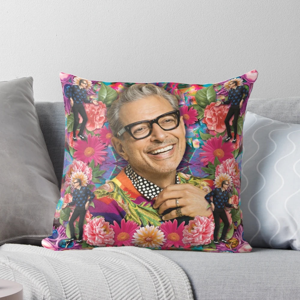 Vibrant and whimsical pillow featuring a collage of Jeff the dinosaur scientist, alien hunter, fly-man, and tier of knots.