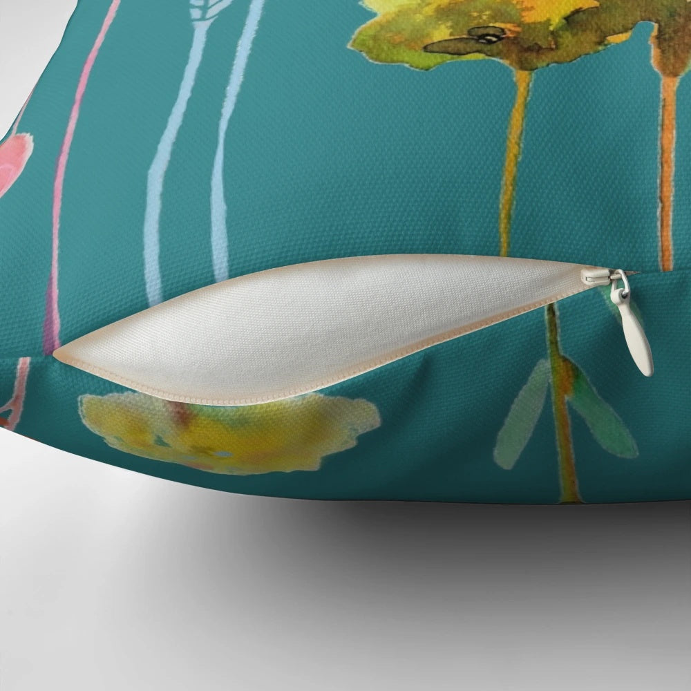 Colorful and serene decorative pillow with bird, flower, and leaf motifs
