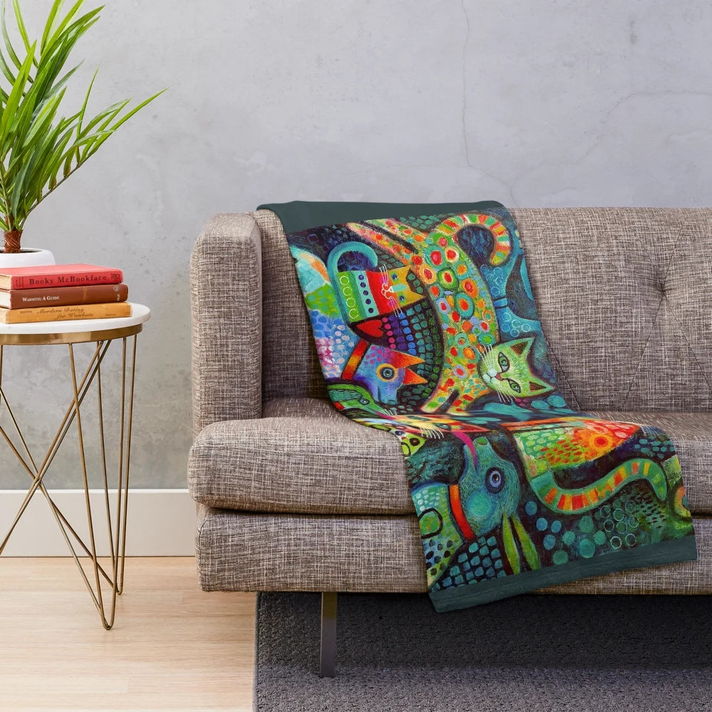 Colorful and whimsical plush blanket featuring abstract and contemporary designs by Australian artist