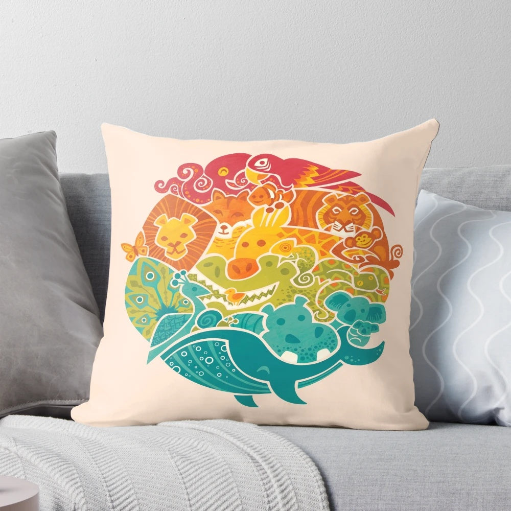 Cream-colored pillow featuring a vibrant collage of various animals including an octopus, parrot, tiger, and more.
