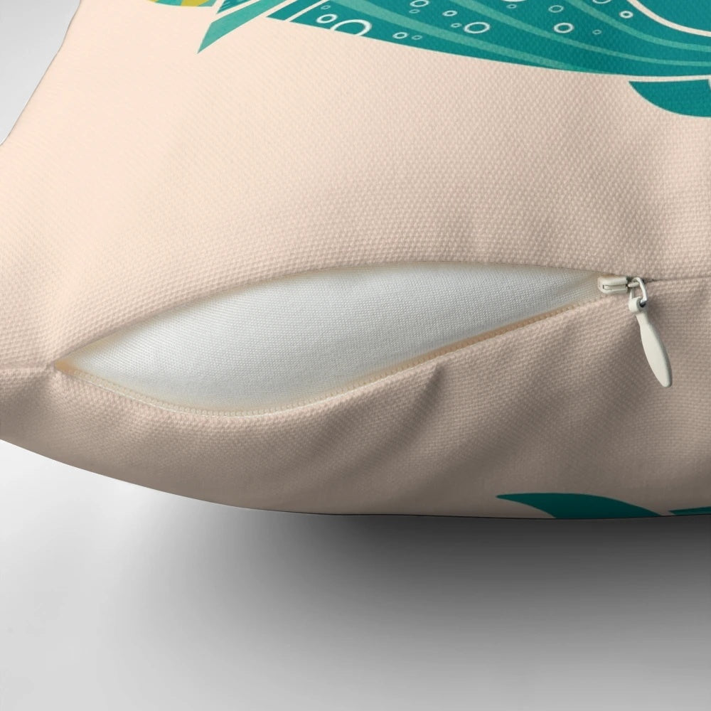 Cream-colored pillow featuring a vibrant collage of various animals including an octopus, parrot, tiger, and more.