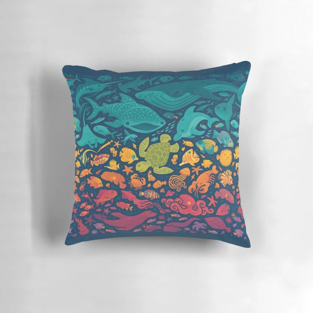 Vibrant Aquatic Spectrum Pillow with Adorable Cartoon Sea Life