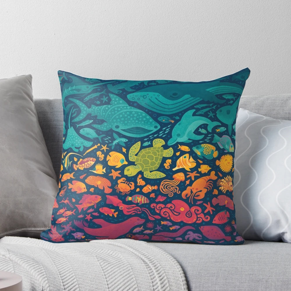 Vibrant Aquatic Spectrum Pillow with Adorable Cartoon Sea Life