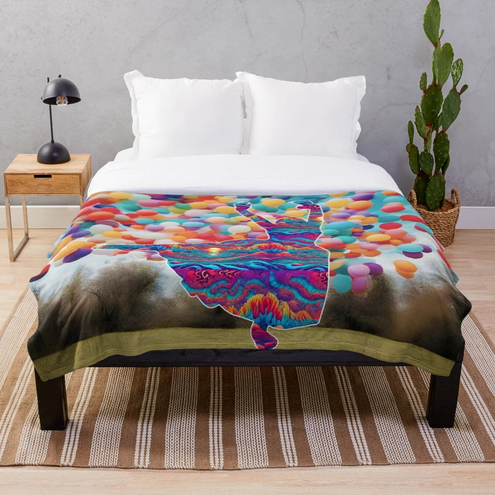 Colorful abstract plush blanket featuring a dancer woman with balloon-like elements