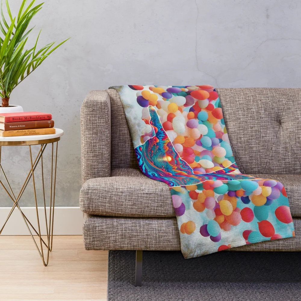 Colorful abstract plush blanket featuring a dancer woman with balloon-like elements