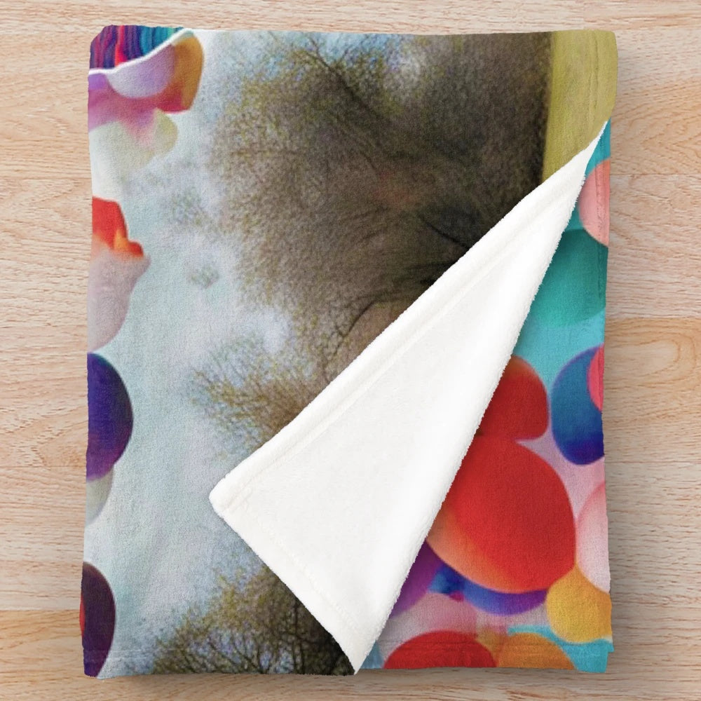 Colorful abstract plush blanket featuring a dancer woman with balloon-like elements
