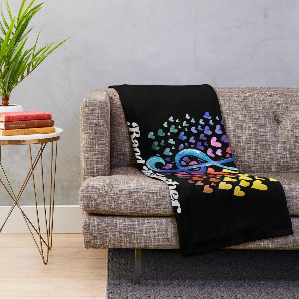 Colorful plush blanket featuring a band teacher design with rainbows, hearts, and a retro style