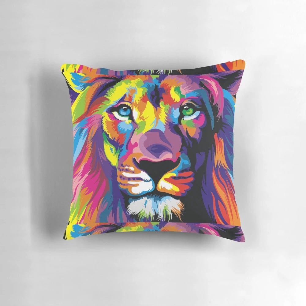 Vibrant graffiti-style painting of a colorful lion and chimp DJ on a throw pillow