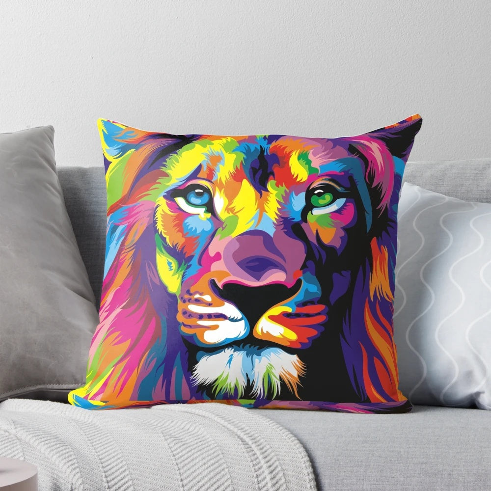 Vibrant graffiti-style painting of a colorful lion and chimp DJ on a throw pillow