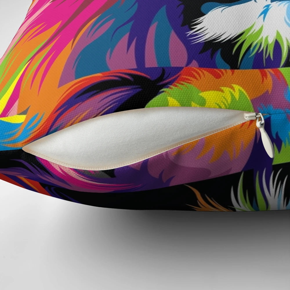 Vibrant graffiti-style painting of a colorful lion and chimp DJ on a throw pillow