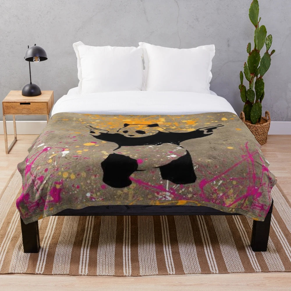Panda with Guns Plush Blanket Inspired by Banksy's Street Art