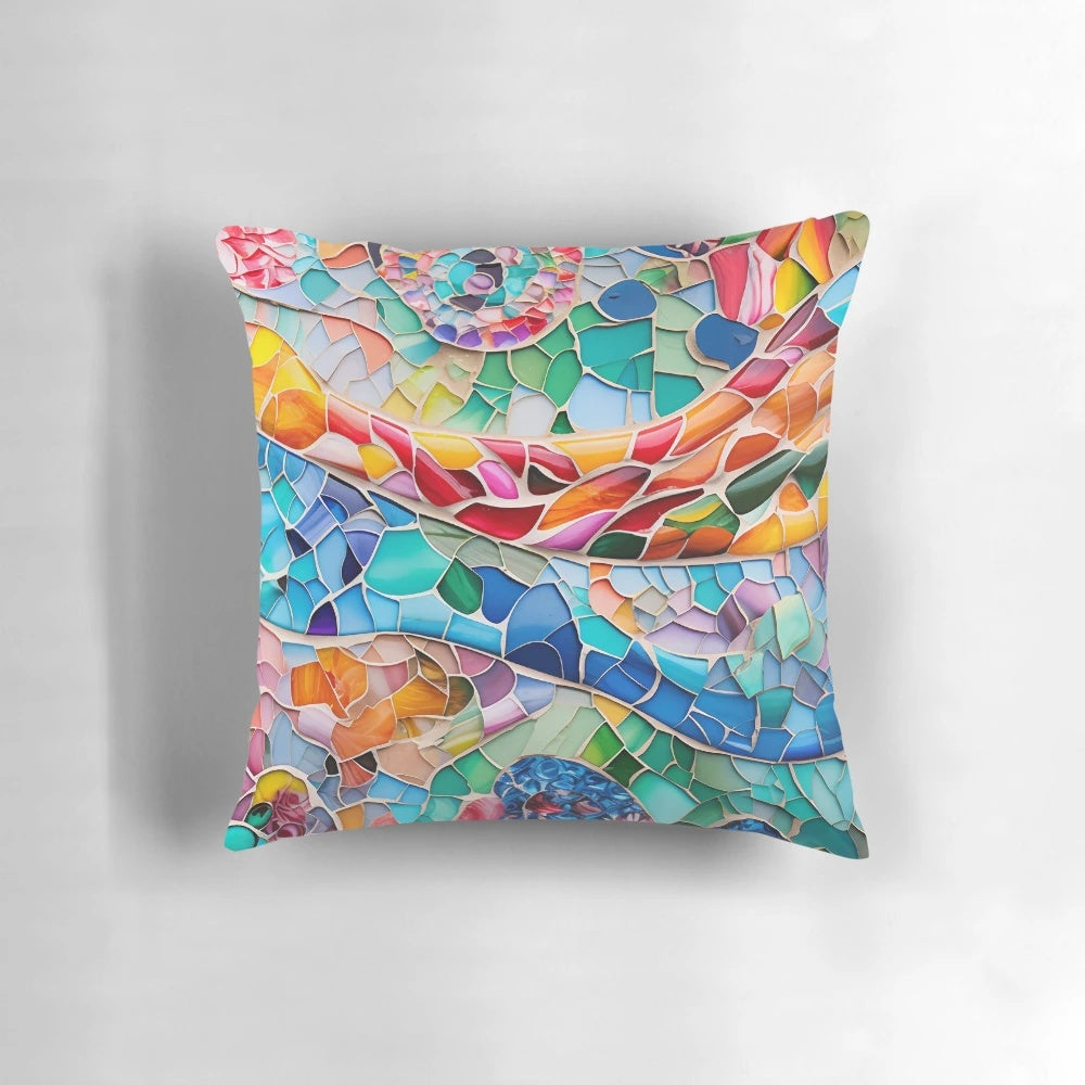 Vibrant mosaic pillow inspired by the colorful mosaics of Barcelona's Park Guell, designed by Antoni Gaudi.