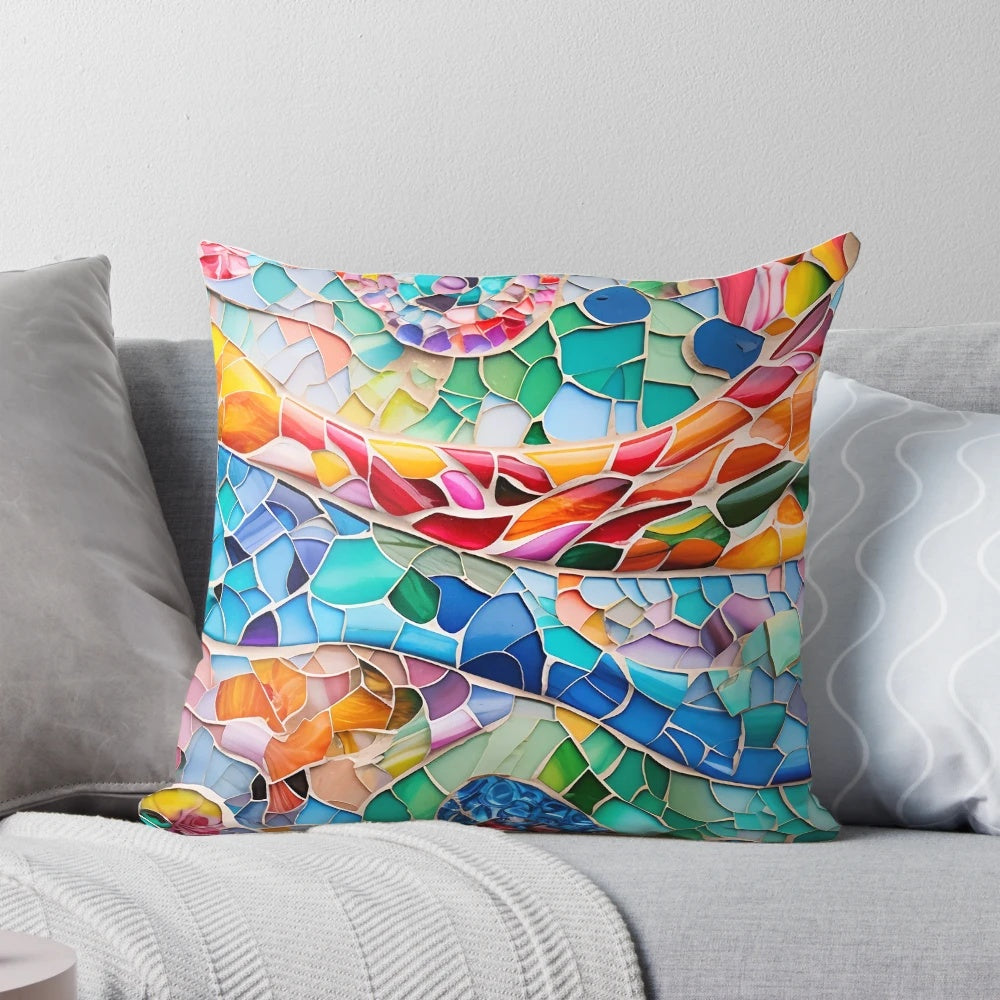 Vibrant mosaic pillow inspired by the colorful mosaics of Barcelona's Park Guell, designed by Antoni Gaudi.