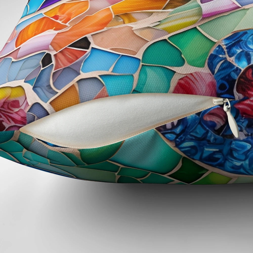 Vibrant mosaic pillow inspired by the colorful mosaics of Barcelona's Park Guell, designed by Antoni Gaudi.