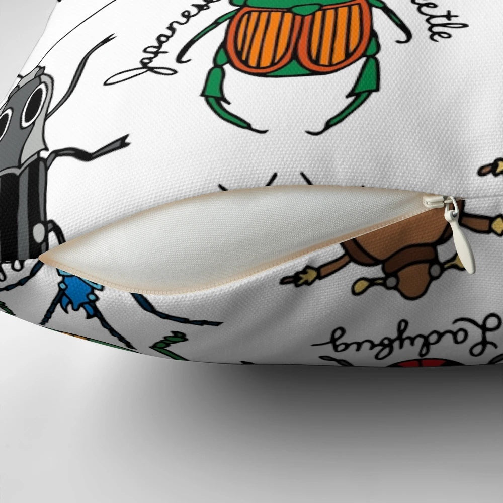 Detailed illustration of colorful beetles, bugs, and insects on a decorative throw pillow.