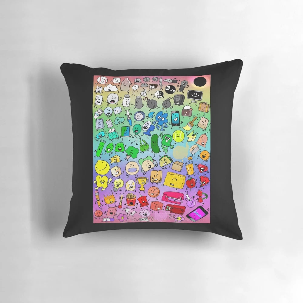 BFDI and Inanimate Insanity characters in a vibrant rainbow design on a plush, comfortable pillow.