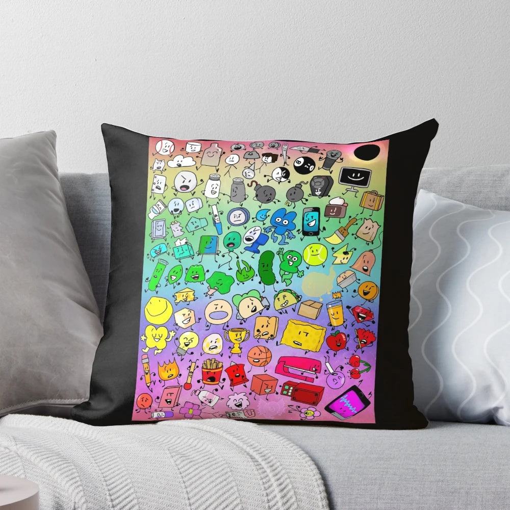 BFDI and Inanimate Insanity characters in a vibrant rainbow design on a plush, comfortable pillow.
