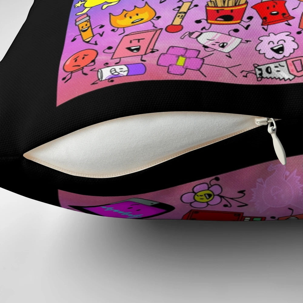 BFDI and Inanimate Insanity characters in a vibrant rainbow design on a plush, comfortable pillow.