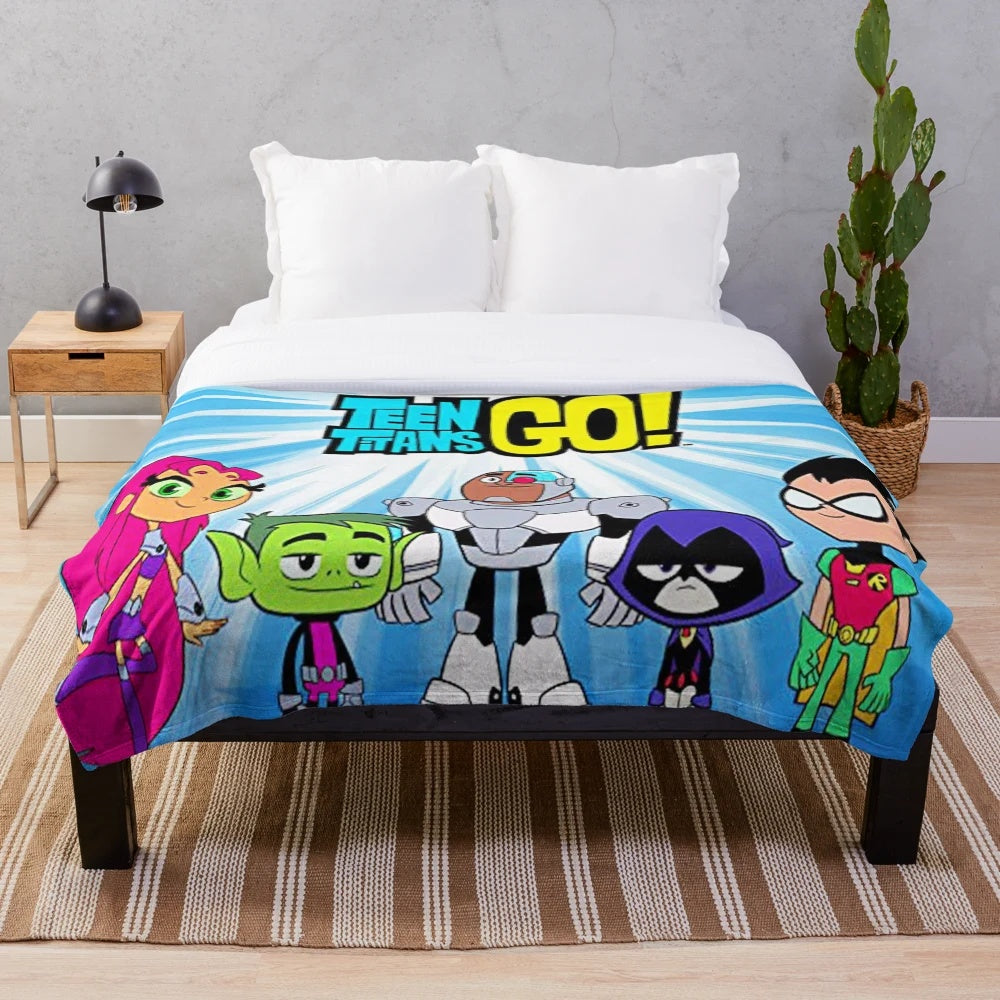 Colorful birthday plush blanket with popular Teen Titans Go characters