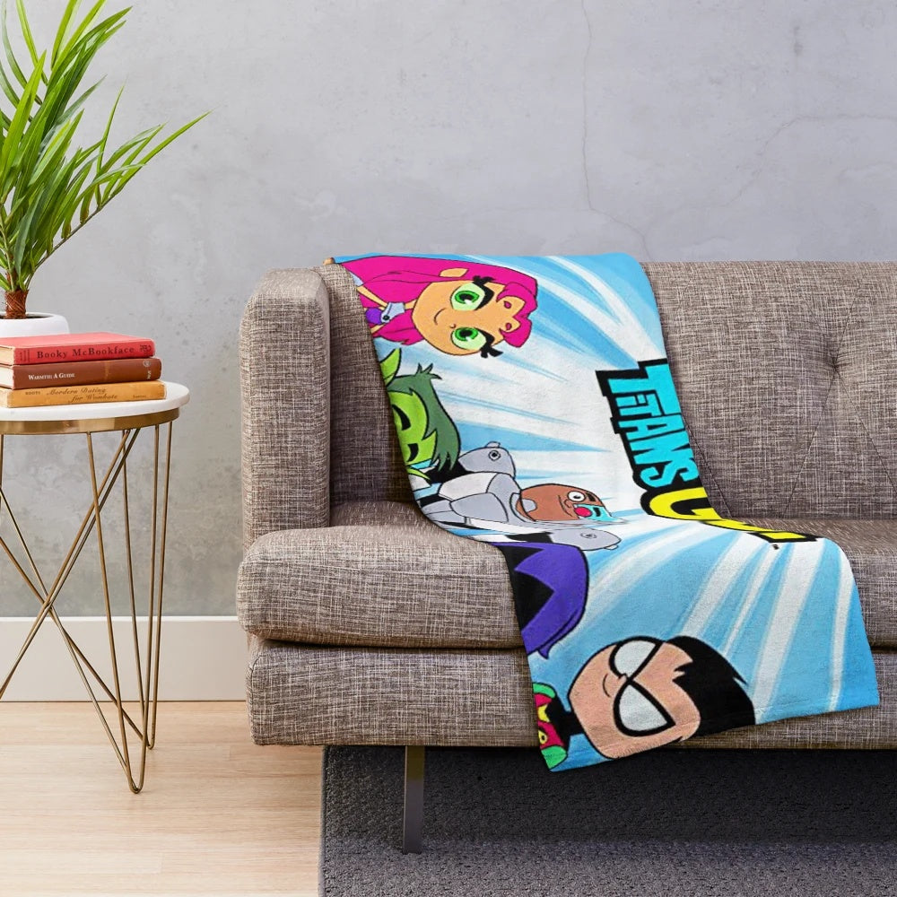 Colorful birthday plush blanket with popular Teen Titans Go characters