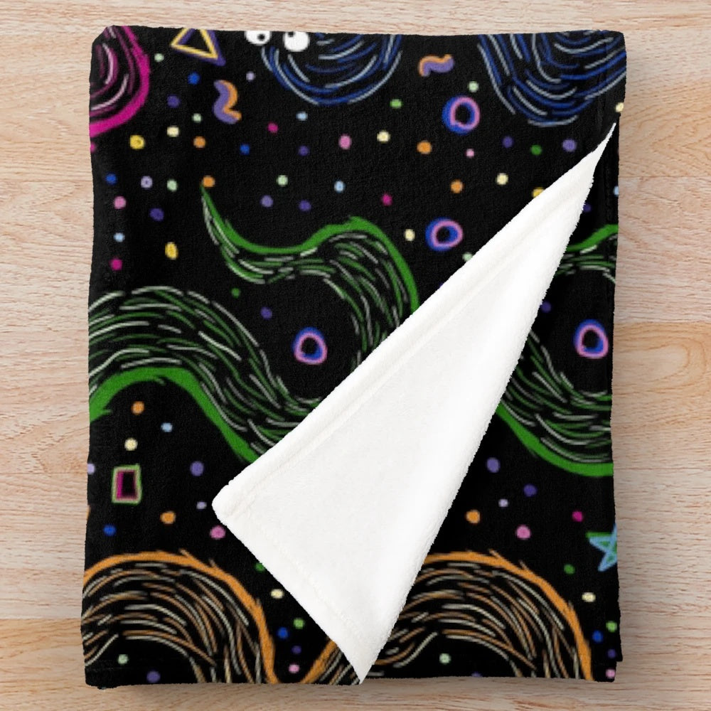 Colorful bowling-themed plush blanket with worm on a string design