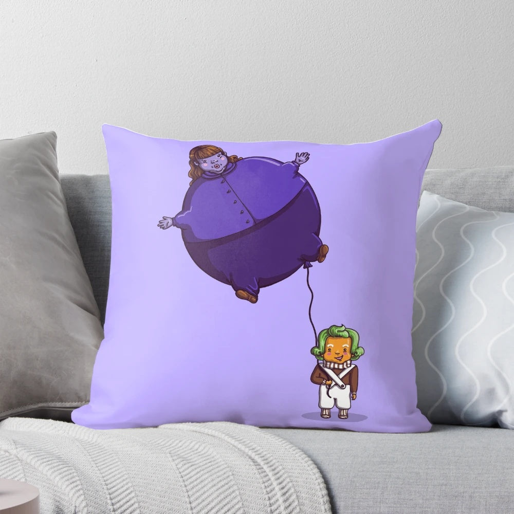 Vibrant purple bubblegum-themed pillow featuring characters from the classic Willy Wonka and the Chocolate Factory movie