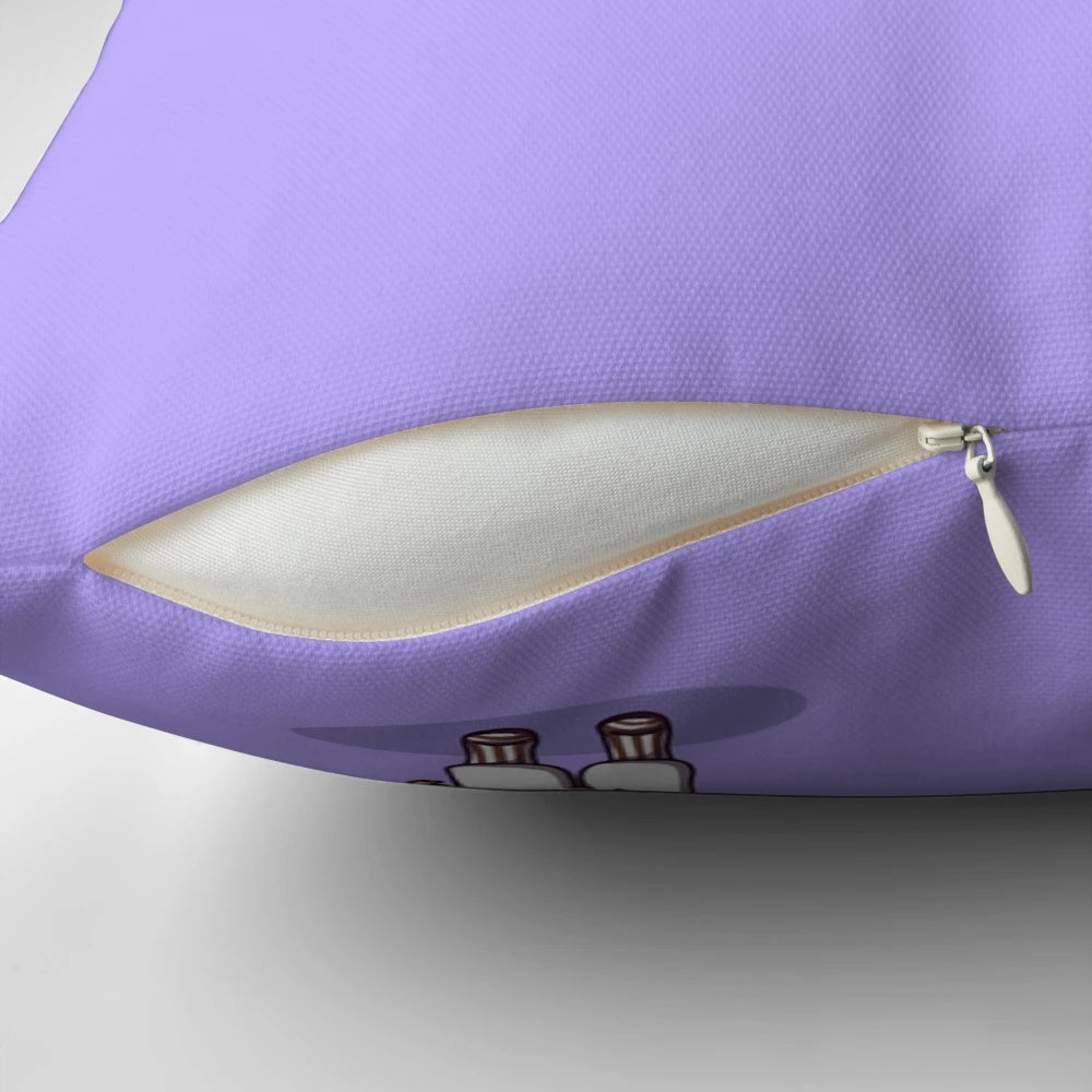 Vibrant purple bubblegum-themed pillow featuring characters from the classic Willy Wonka and the Chocolate Factory movie
