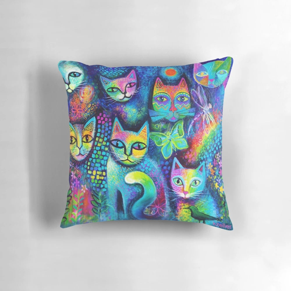 Colorful abstract cat-themed decorative pillow by Karinzeller