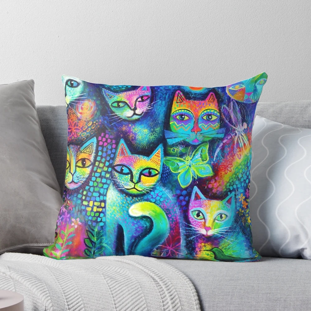 Colorful abstract cat-themed decorative pillow by Karinzeller