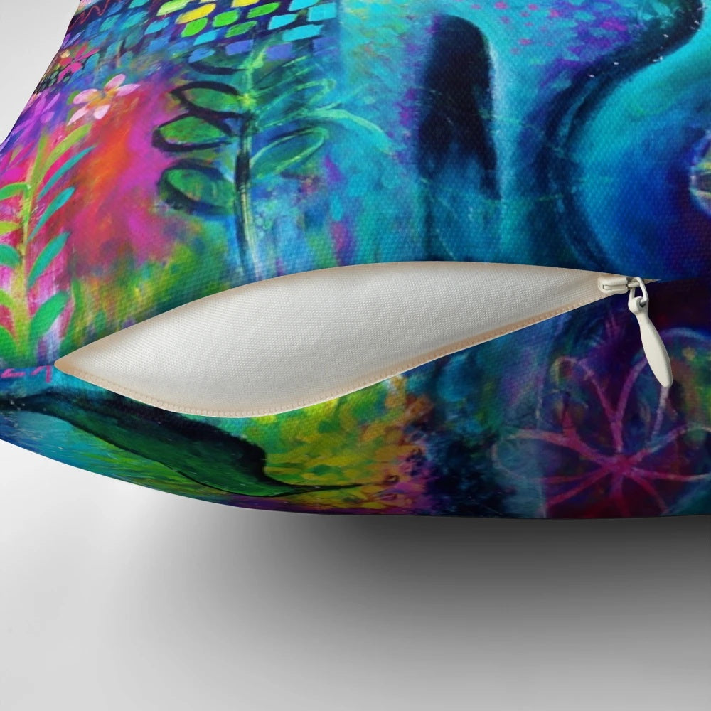 Colorful abstract cat-themed decorative pillow by Karinzeller