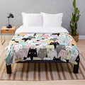 Colorful cat plush blanket with various cat illustrations