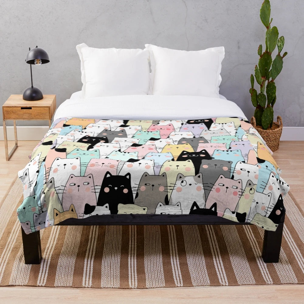 Colorful cat plush blanket with various cat illustrations