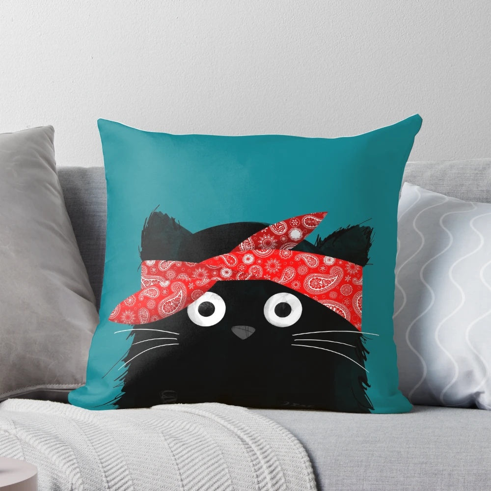Colorful graphic design of cat with Tupac-inspired styling on a plush pillow
