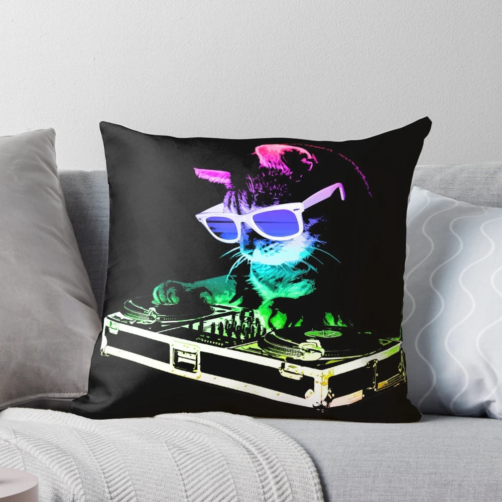 Colorful cat wearing DJ headphones and surrounded by music equipment on a decorative throw pillow