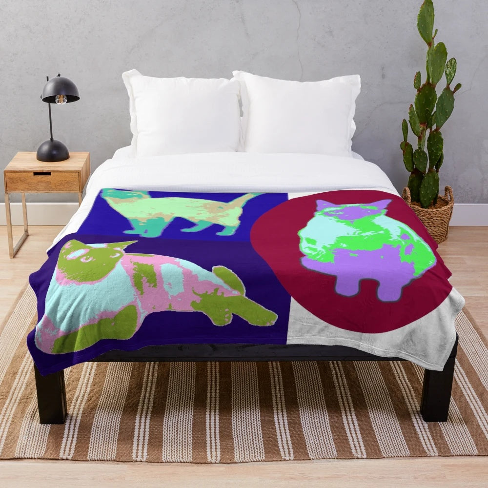 Colorful cats plush blanket with pop art-style design