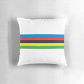 Colorful pillow featuring champion cyclist design with rainbow stripes and bands
