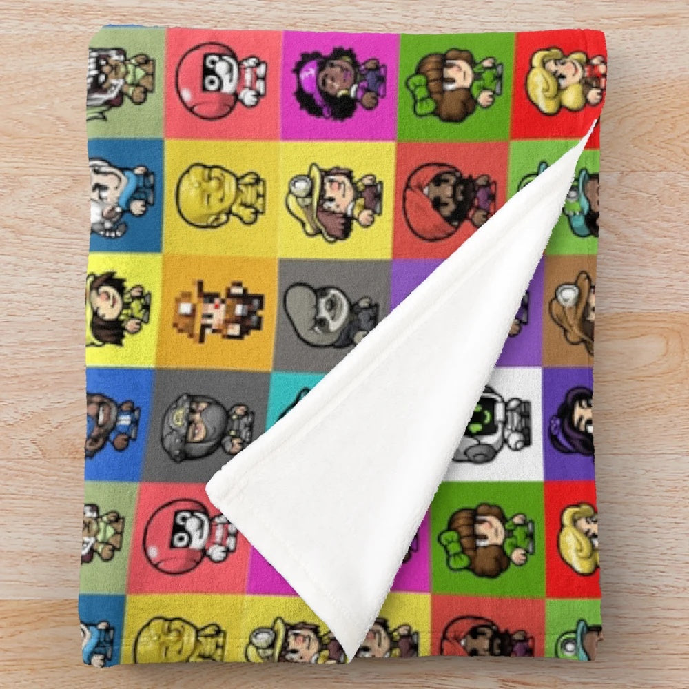 Spelunky 2 inspired plush blanket with cute chibi characters in a multicolored design