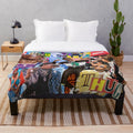 Colorful plush blanket featuring a collage design inspired by the fashion and style of rapper Young Thug